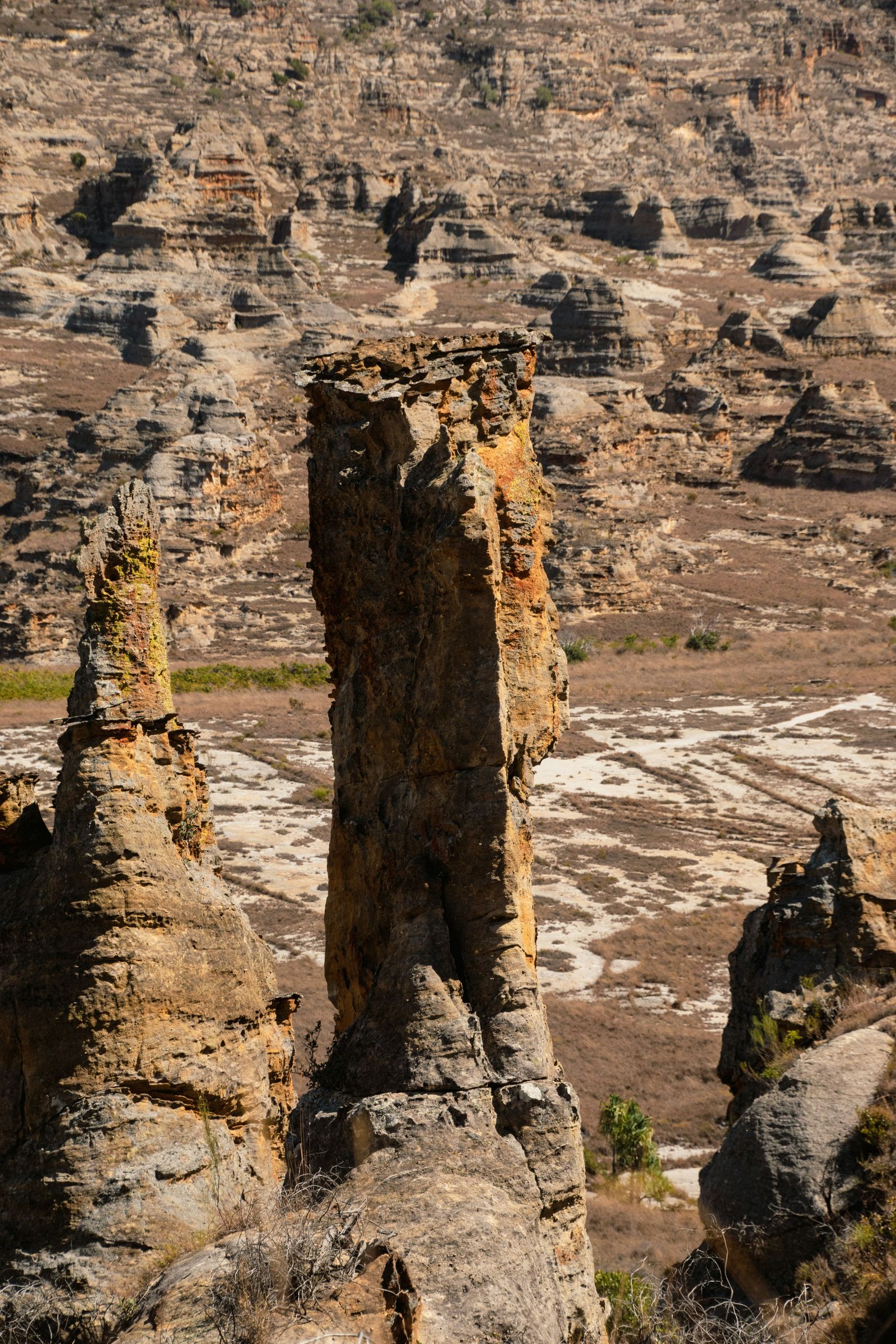 Weathered sandstone pillars above a dry valley in Isalo National Park
