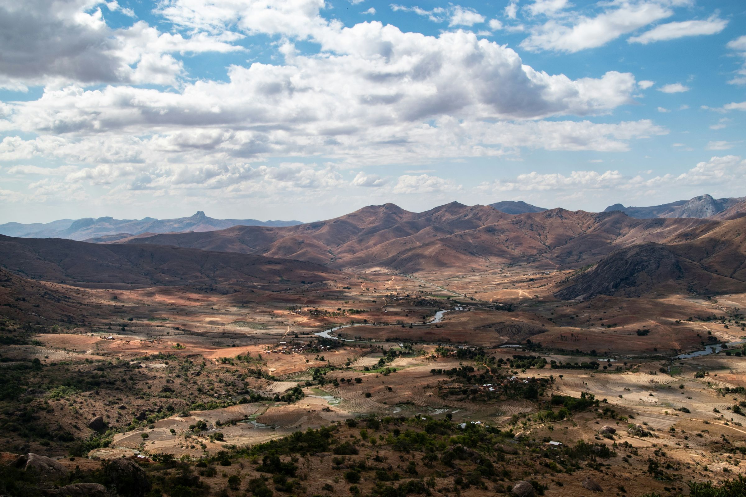 The Tsaranoro valley seen from a summit, with villages and granite peaks