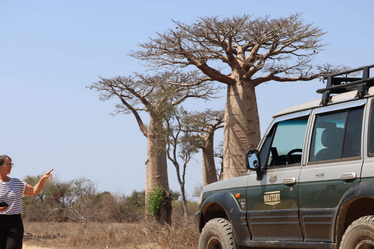 Travellers and a 4x4 beside the baobabs in western Madagascar